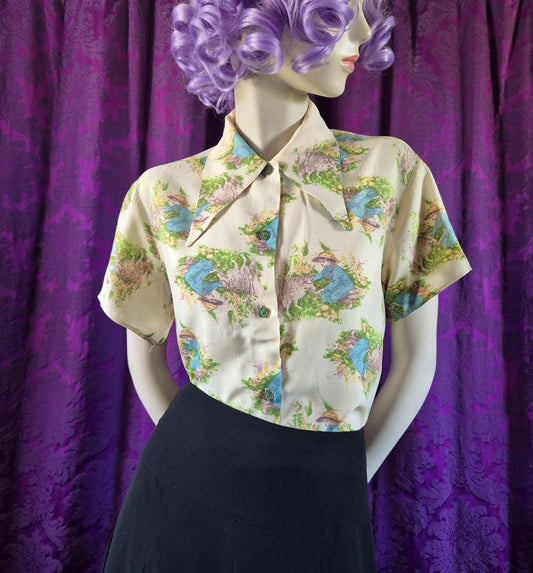 Vintage 1970s Storybook Illustration Blouse - Little Girl & Lamb