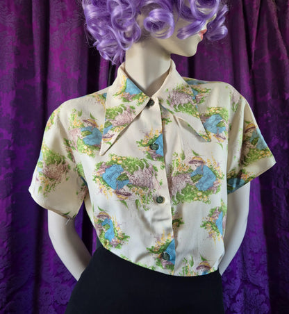 Vintage 1970s Storybook Illustration Blouse - Little Girl & Lamb