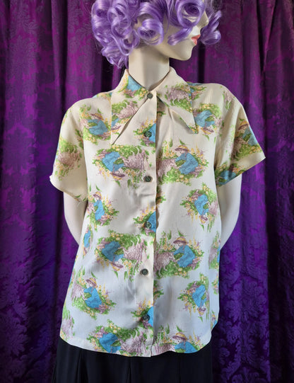 Vintage 1970s Storybook Illustration Blouse - Little Girl & Lamb