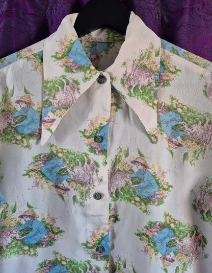 Vintage 1970s Storybook Illustration Blouse - Little Girl & Lamb