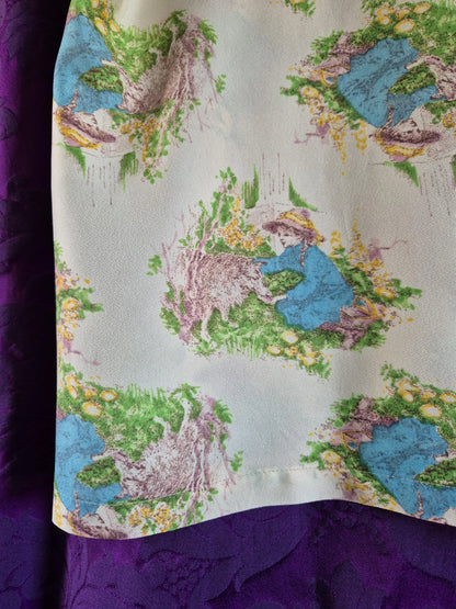 Vintage 1970s Storybook Illustration Blouse - Little Girl & Lamb