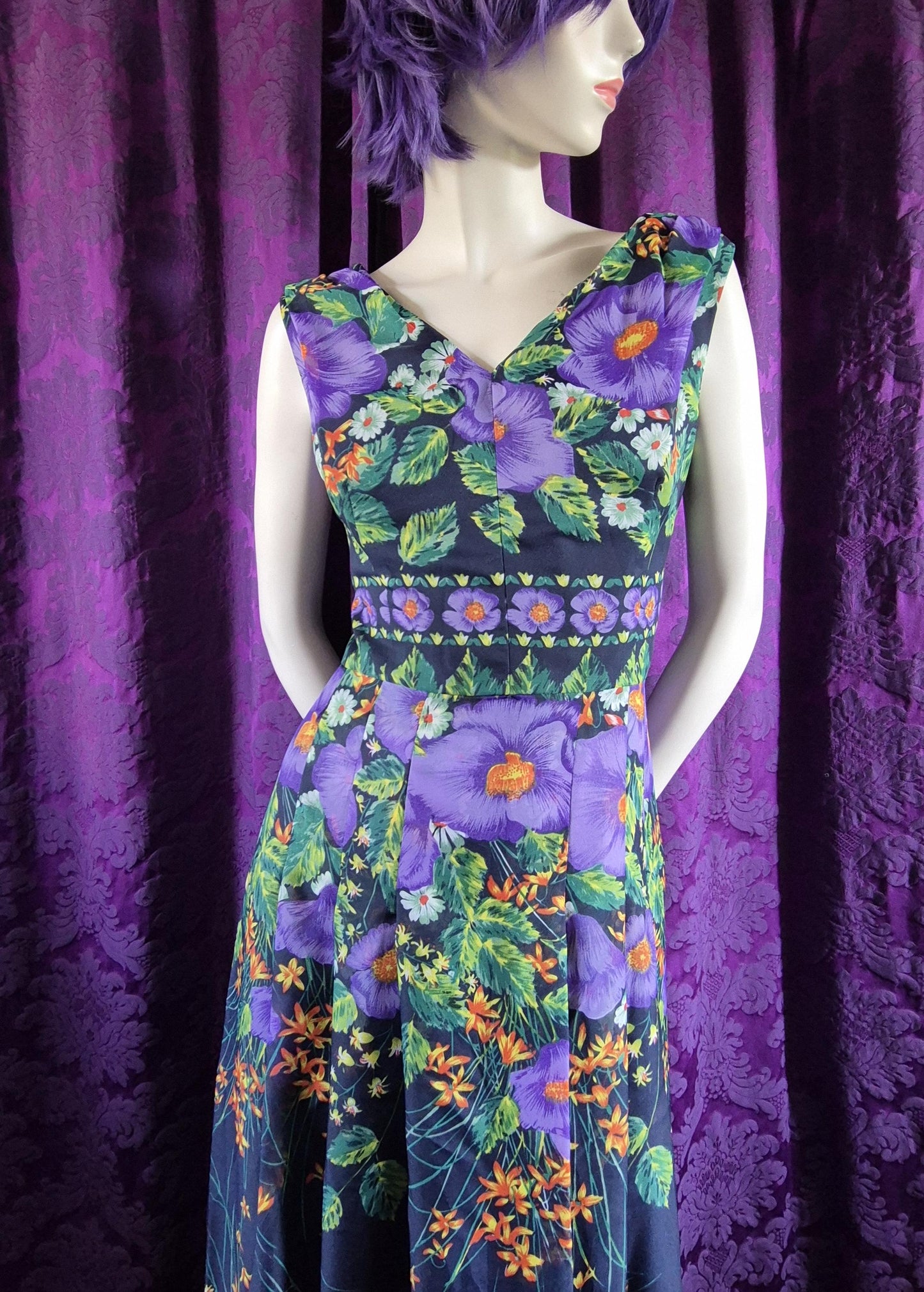 Vintage 1970s Violet Garden Chiffon Maxi Dress by Evelyne Modell
