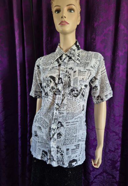 Vintage Newspaper Print Cotton Gauze Shirt