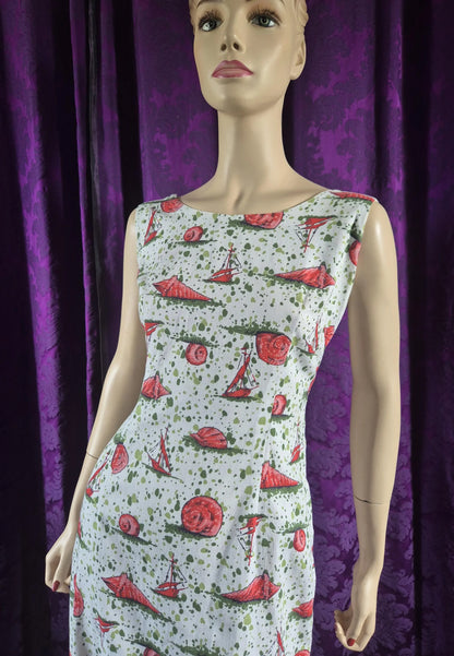 Vintage 1960s Sailing Ships & Shells Print Cotton Sheath Dress