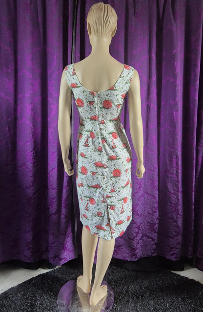 Vintage 1960s Sailing Ships & Shells Print Cotton Sheath Dress