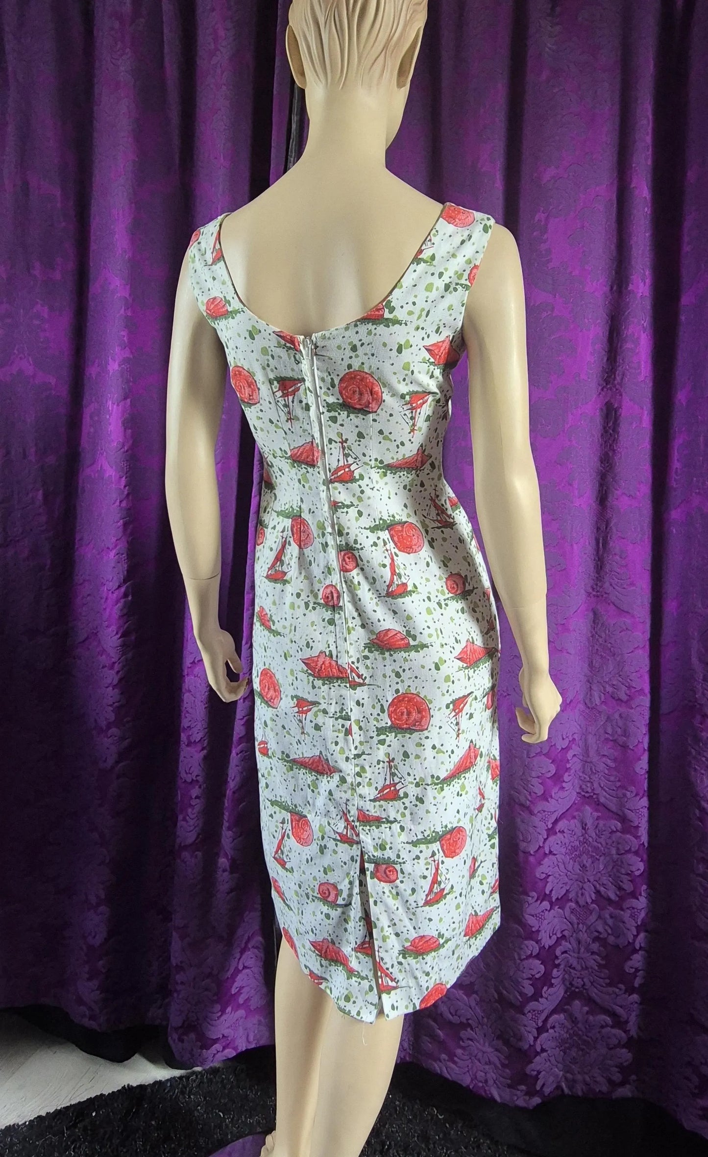 Vintage 1960s Sailing Ships & Shells Print Cotton Sheath Dress