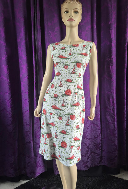 Vintage 1960s Sailing Ships & Shells Print Cotton Sheath Dress