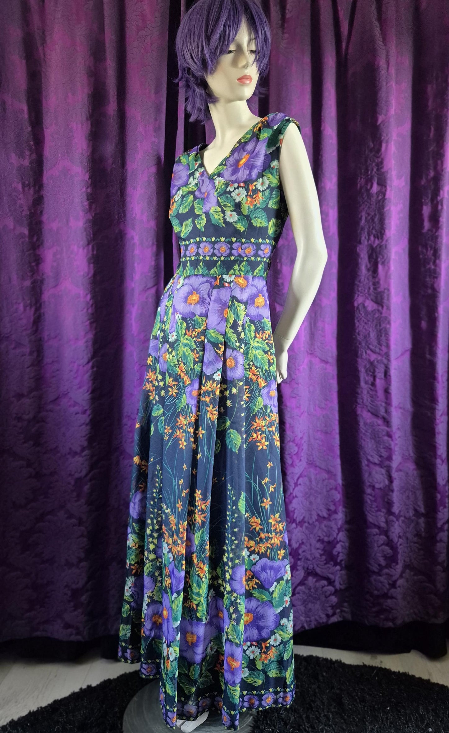 Vintage 1970s Violet Garden Chiffon Maxi Dress by Evelyne Modell