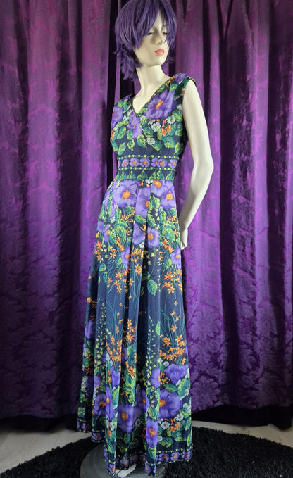 Vintage 1970s Violet Garden Chiffon Maxi Dress by Evelyne Modell