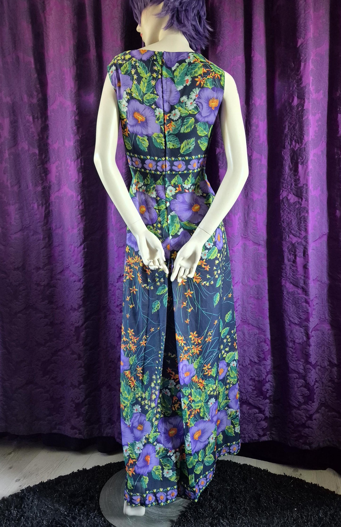 Vintage 1970s Violet Garden Chiffon Maxi Dress by Evelyne Modell