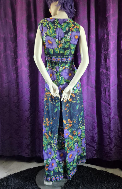 Vintage 1970s Violet Garden Chiffon Maxi Dress by Evelyne Modell