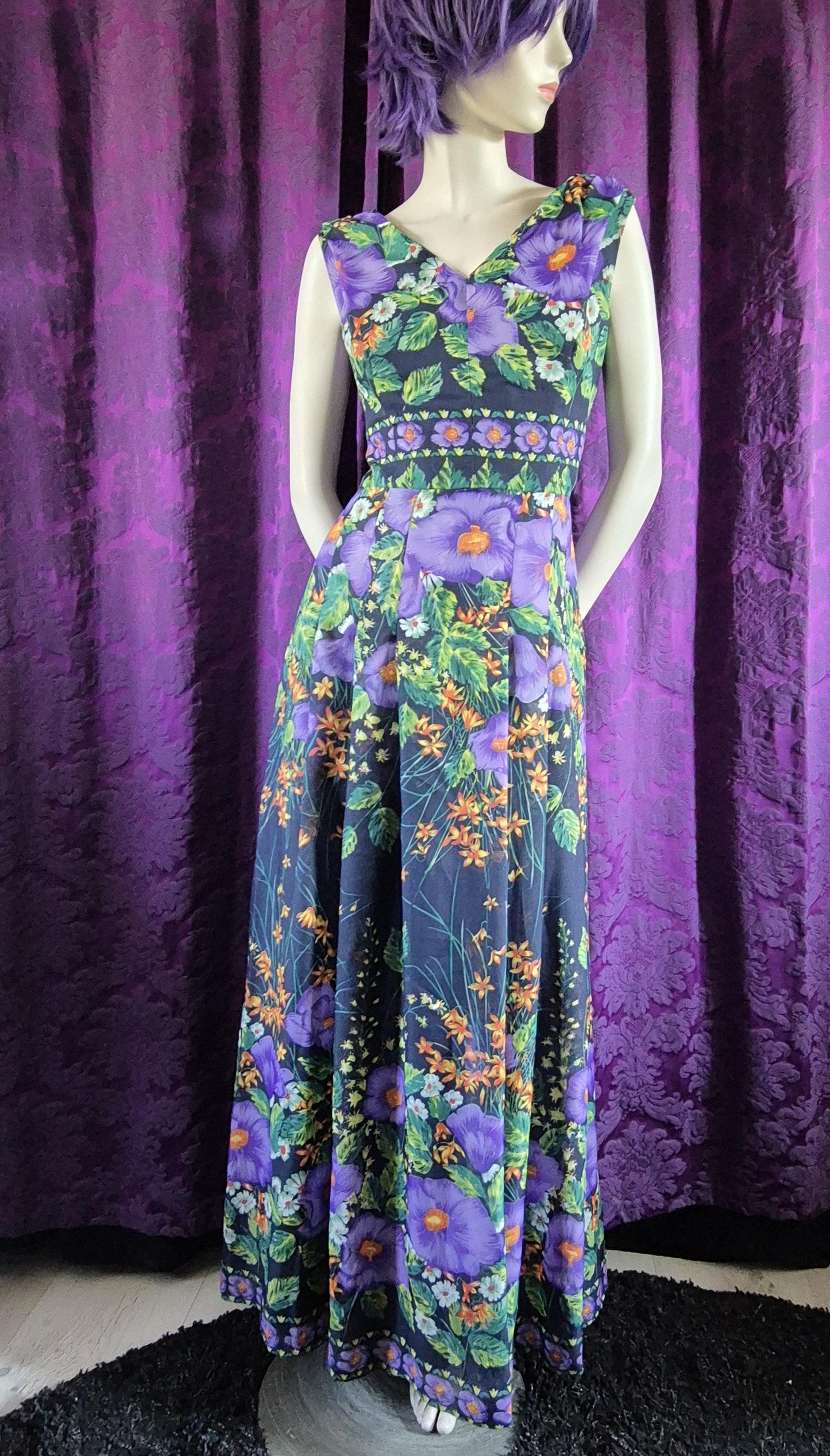 Vintage 1970s Violet Garden Chiffon Maxi Dress by Evelyne Modell