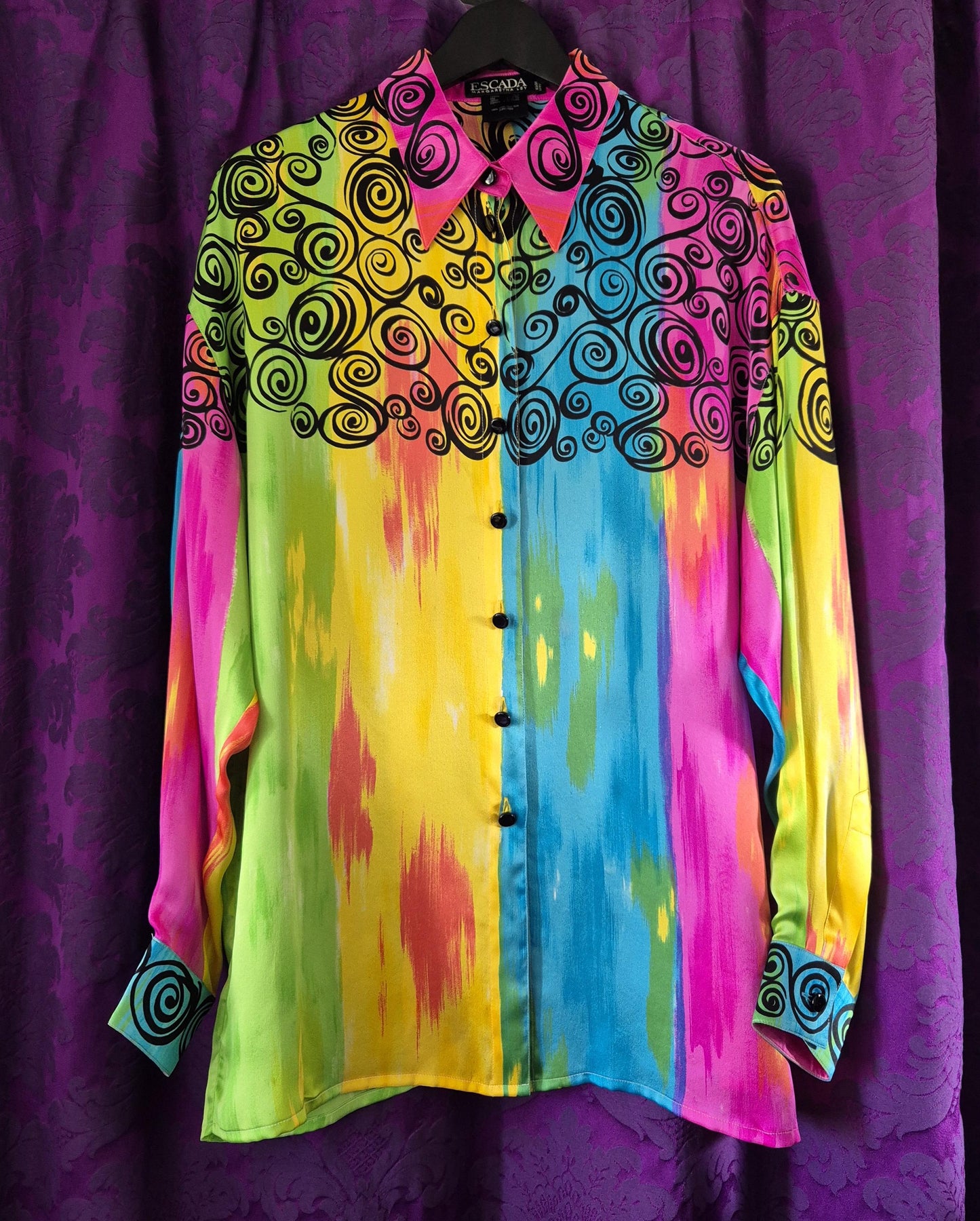 ESCADA Rainbow Stripe & Scrollwork Silk Blouse