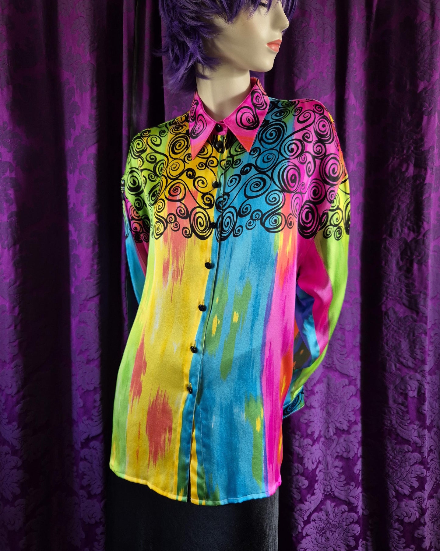 ESCADA Rainbow Stripe & Scrollwork Silk Blouse