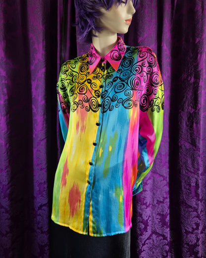 ESCADA Rainbow Stripe & Scrollwork Silk Blouse