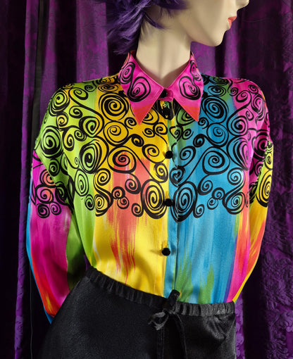 ESCADA Rainbow Stripe & Scrollwork Silk Blouse