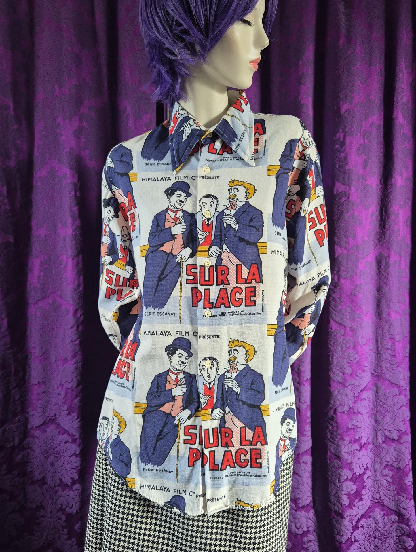 Vintage 1970s Charlie Chaplin On the Beach French Poster Shirt by Secondhand Rose