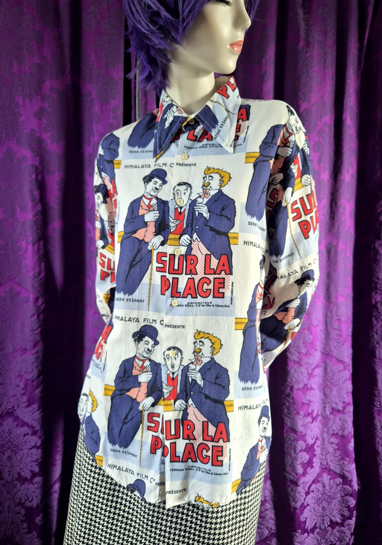 Vintage 1970s Charlie Chaplin On the Beach French Poster Shirt by Secondhand Rose