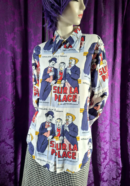 Vintage 1970s Charlie Chaplin On the Beach French Poster Shirt by Secondhand Rose