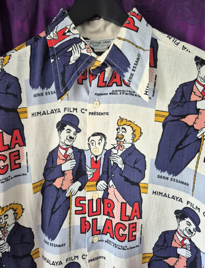 Vintage 1970s Charlie Chaplin On the Beach French Poster Shirt by Secondhand Rose