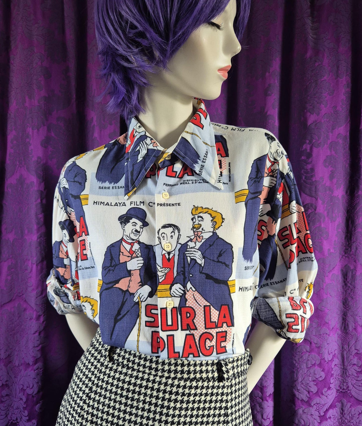 Vintage 1970s Charlie Chaplin On the Beach French Poster Shirt by Secondhand Rose