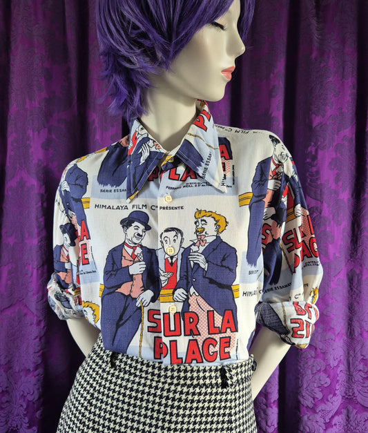 Vintage 1970s Charlie Chaplin On the Beach French Poster Shirt by Secondhand Rose