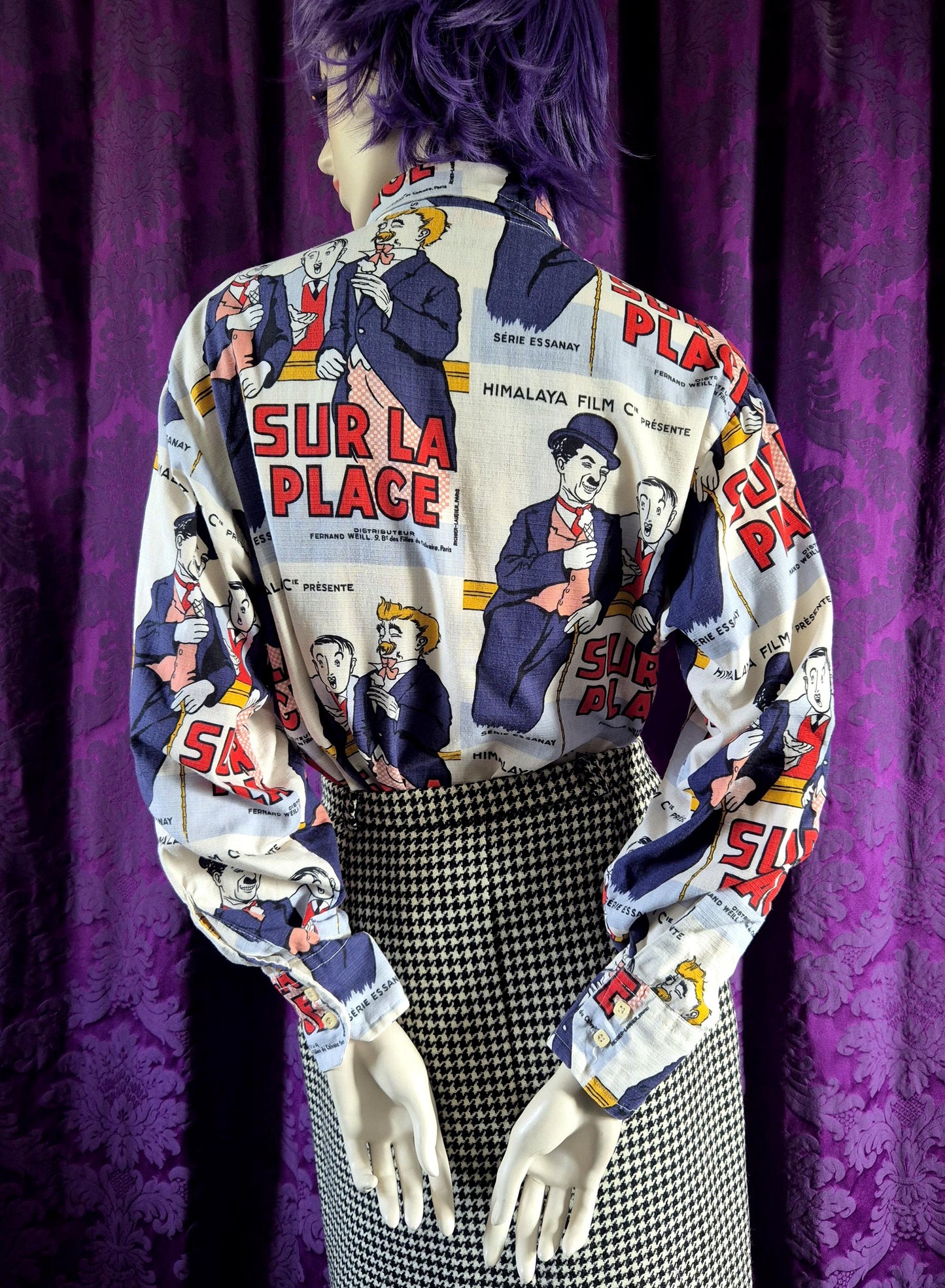 Vintage 1970s Charlie Chaplin On the Beach French Poster Shirt by Secondhand Rose