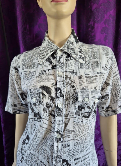 Vintage Newspaper Print Cotton Gauze Shirt