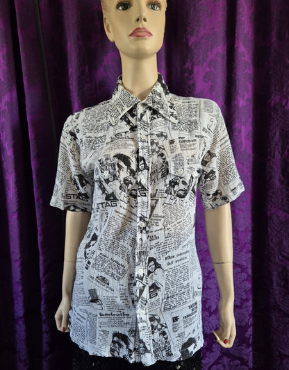 Vintage Newspaper Print Cotton Gauze Shirt