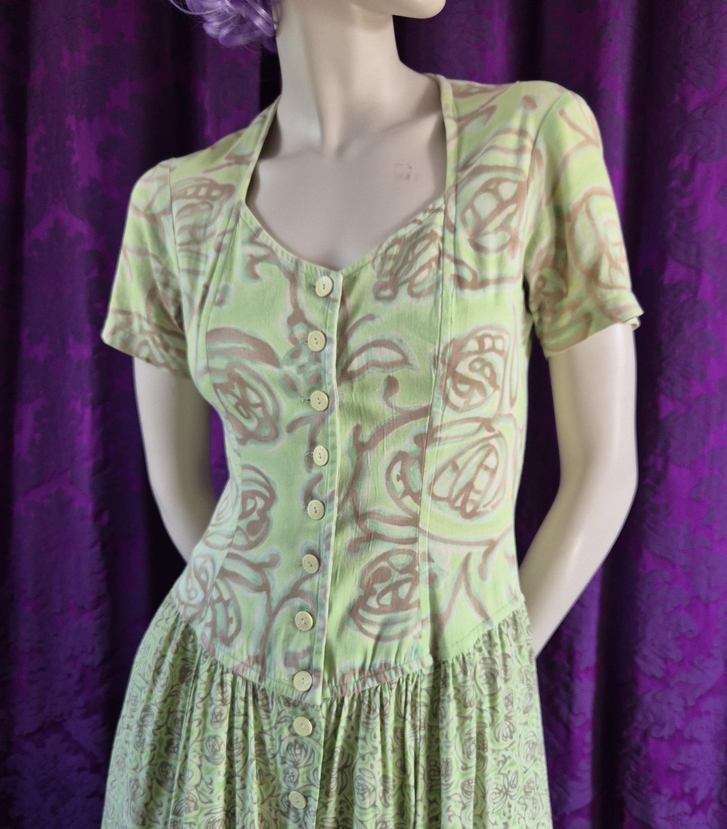 Chacok 1980s Pale Green Floral Dress