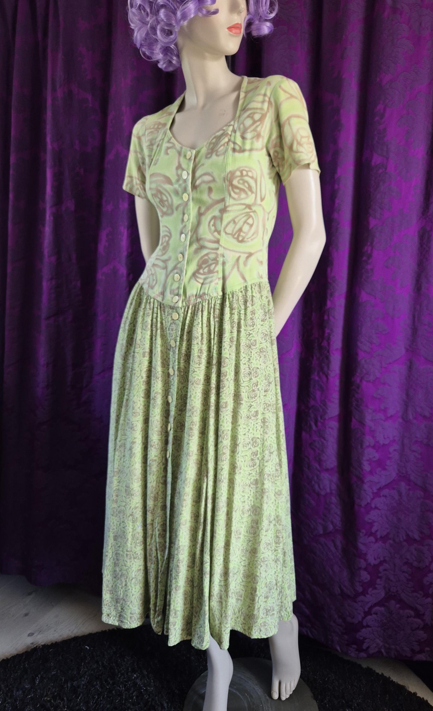 Chacok 1980s Pale Green Floral Dress