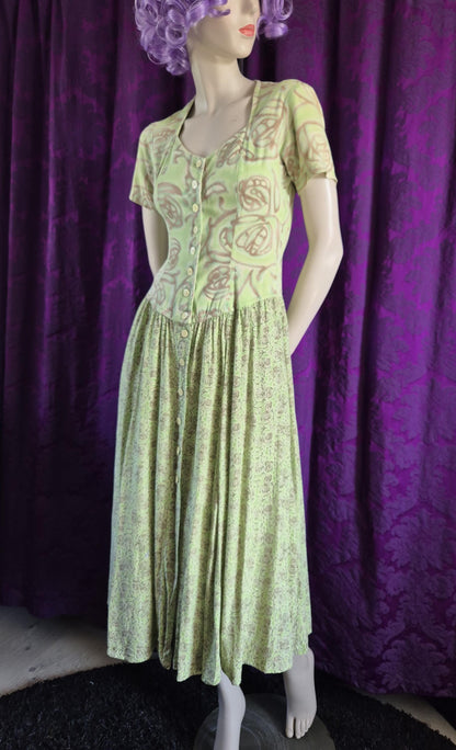 Chacok 1980s Pale Green Floral Dress