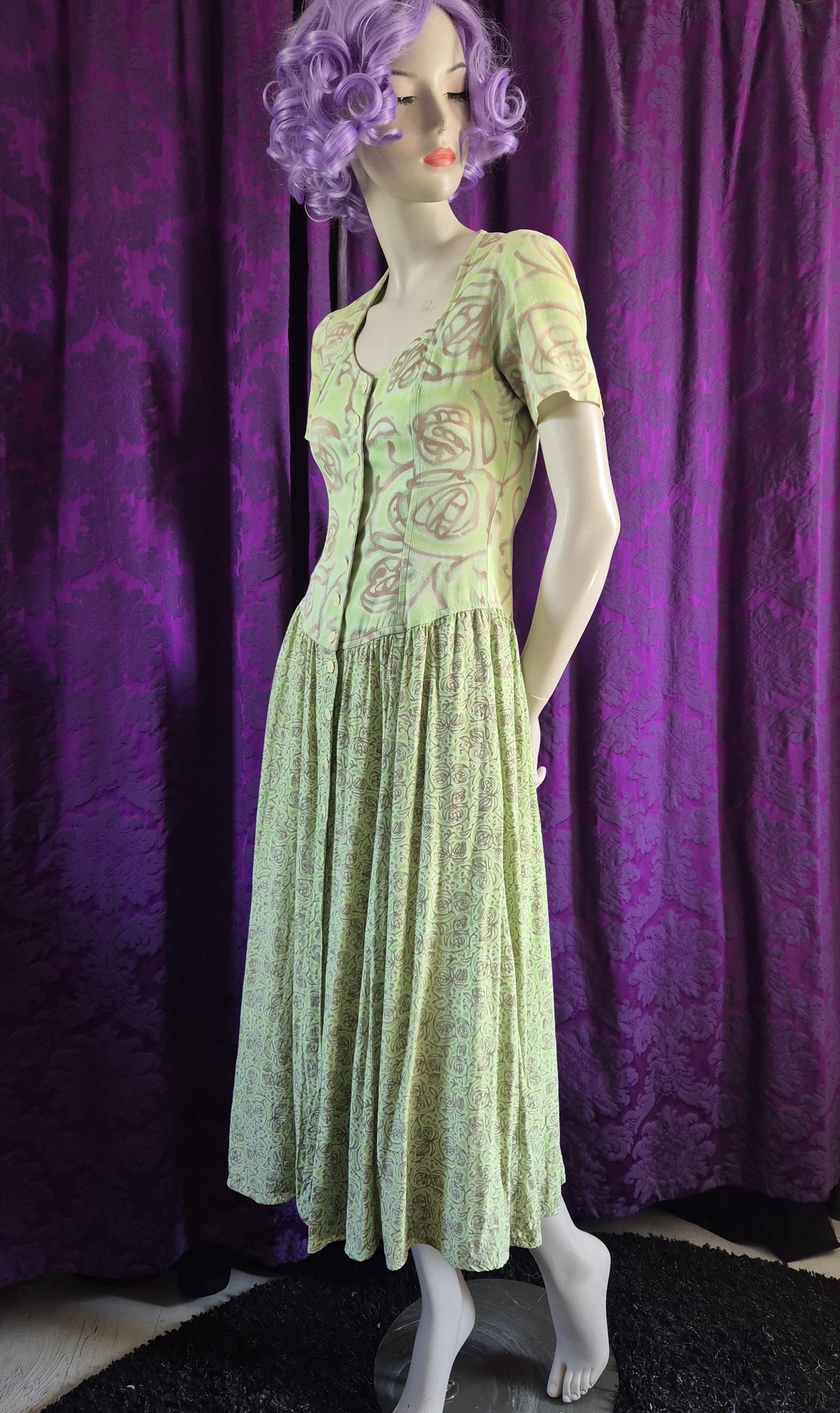 Chacok 1980s Pale Green Floral Dress