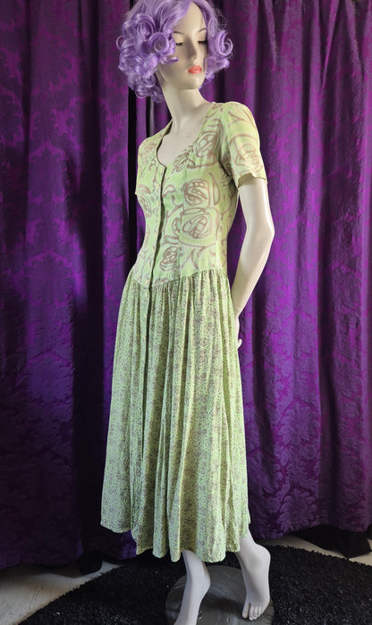 Chacok 1980s Pale Green Floral Dress