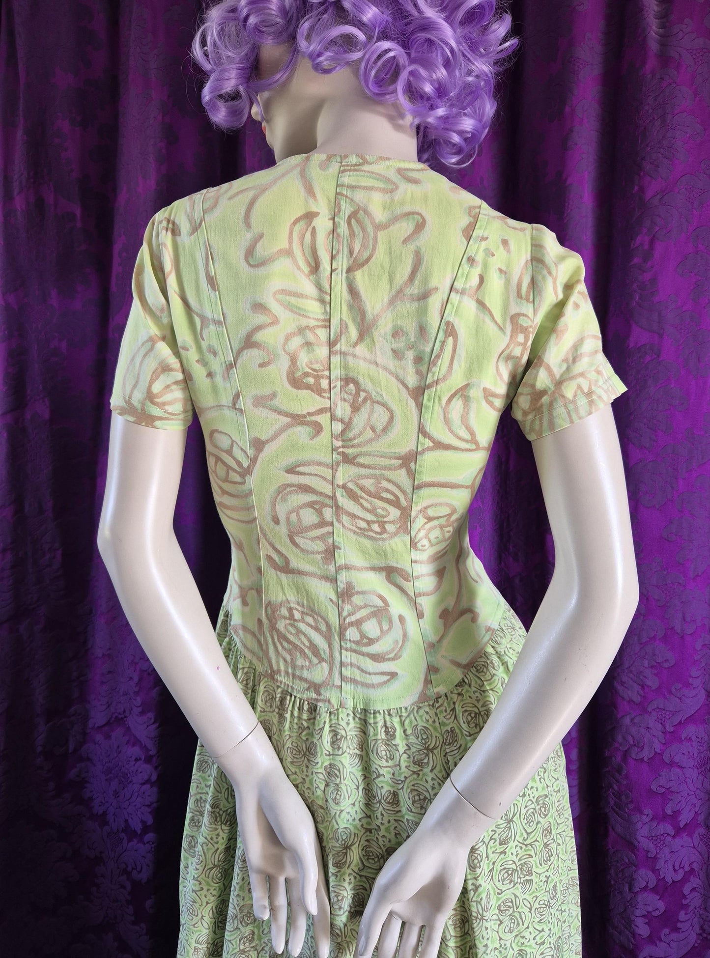 Chacok 1980s Pale Green Floral Dress