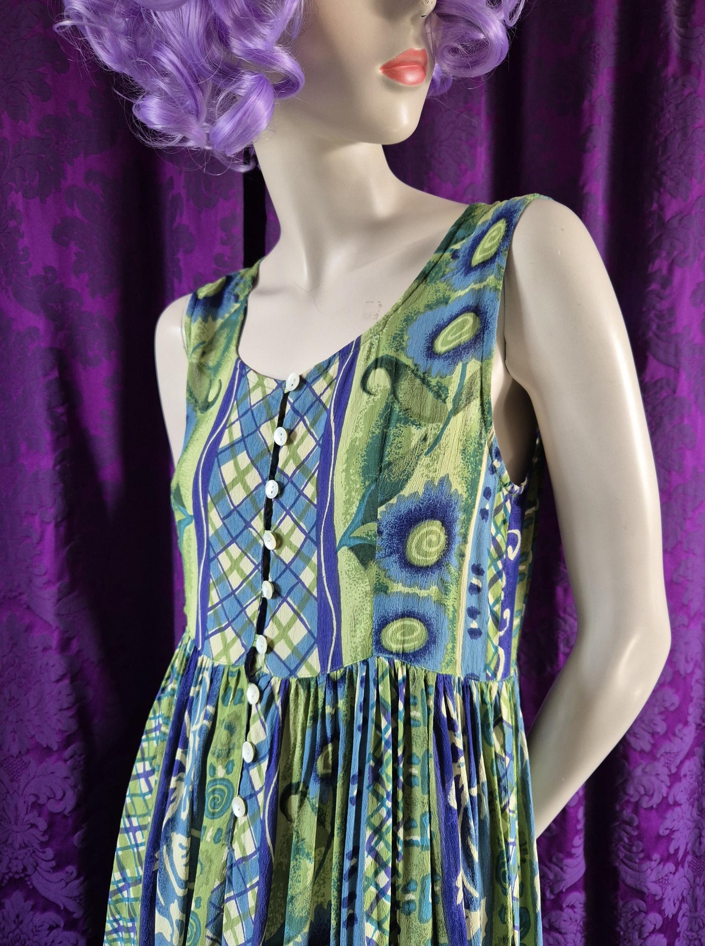 Vintage 1990s Art Print Crepe Sundress