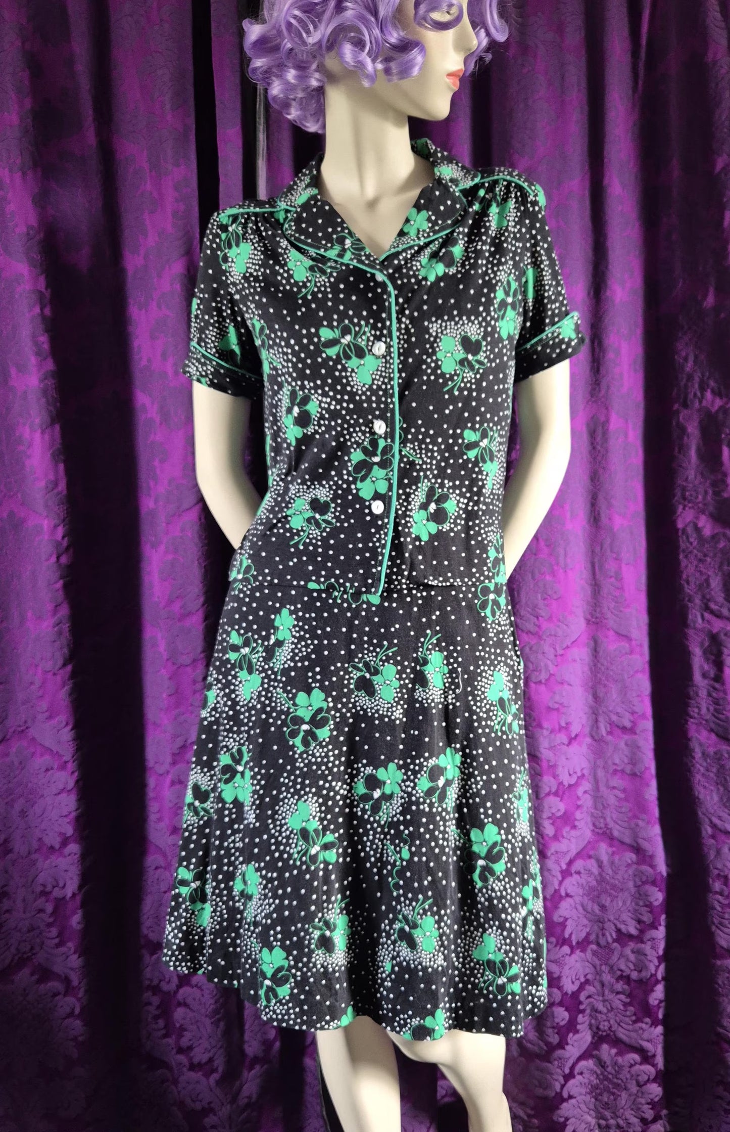 Vintage 1970s Clover Print Jersey Blouse & Skirt Set