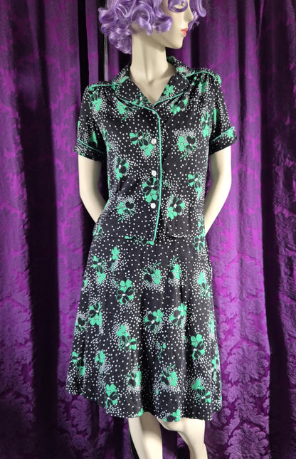Vintage 1970s Clover Print Jersey Blouse & Skirt Set