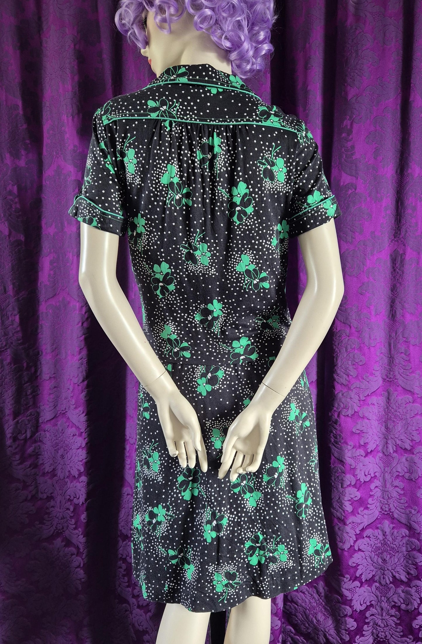 Vintage 1970s Clover Print Jersey Blouse & Skirt Set