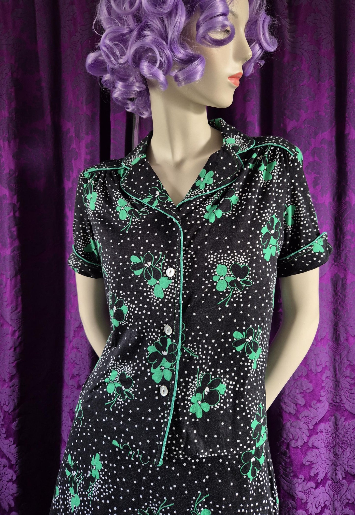 Vintage 1970s Clover Print Jersey Blouse & Skirt Set