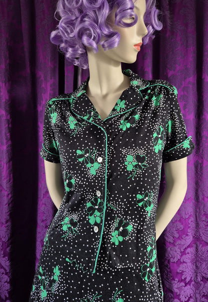 Vintage 1970s Clover Print Jersey Blouse & Skirt Set