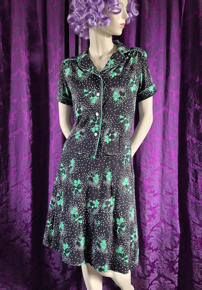 Vintage 1970s Clover Print Jersey Blouse & Skirt Set