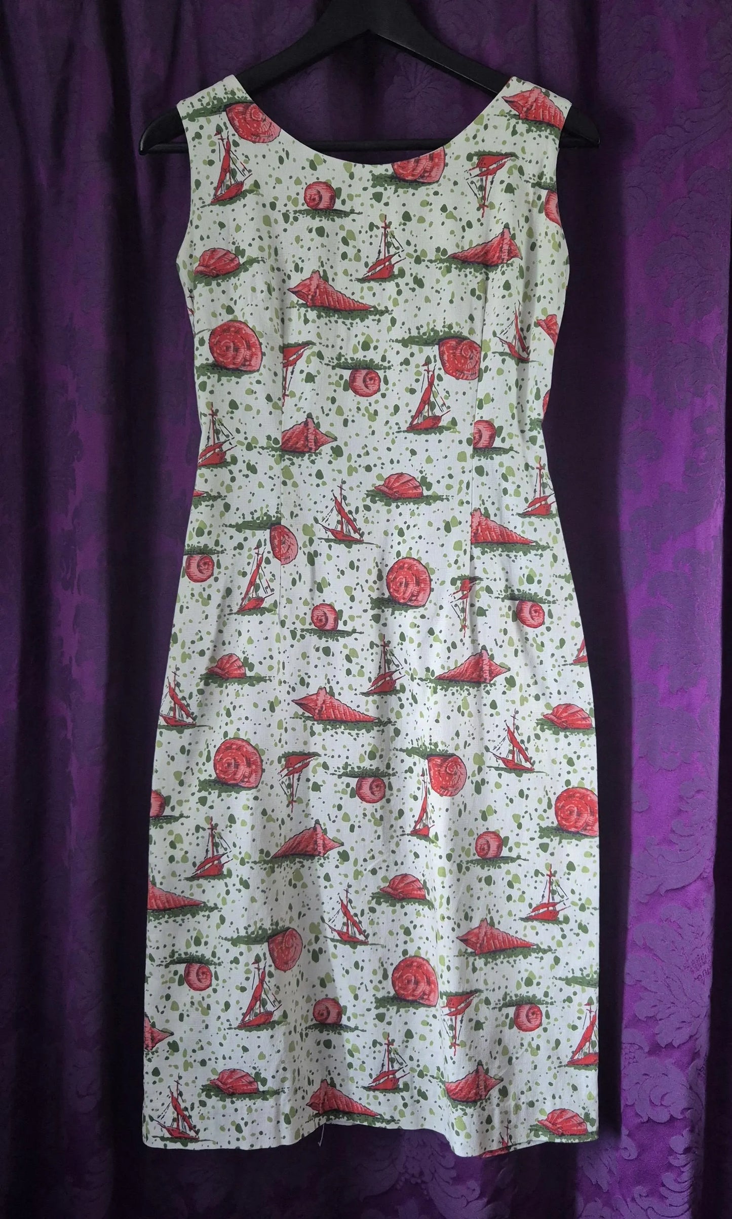Vintage 1960s Sailing Ships & Shells Print Cotton Sheath Dress