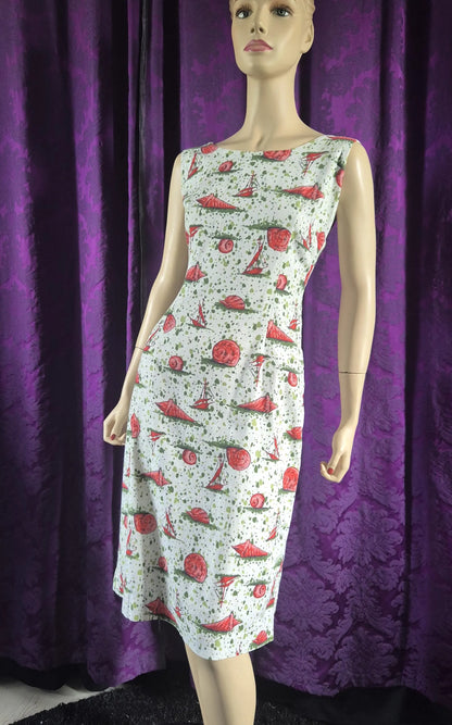 Vintage 1960s Sailing Ships & Shells Print Cotton Sheath Dress