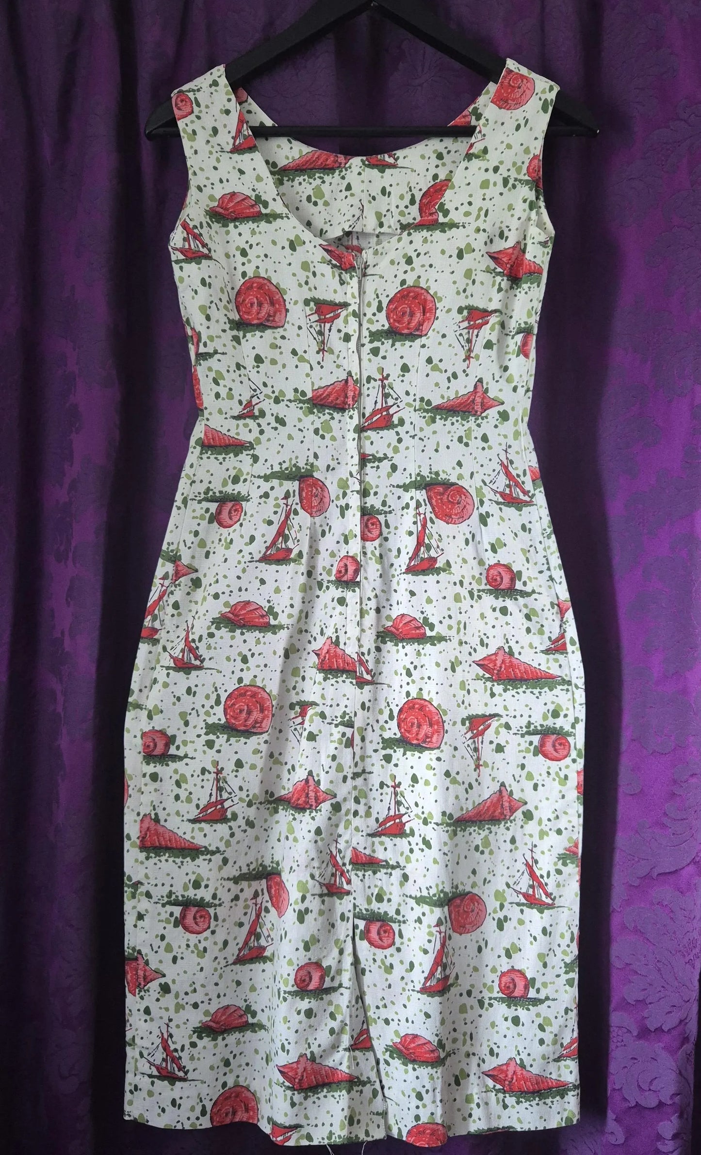 Vintage 1960s Sailing Ships & Shells Print Cotton Sheath Dress