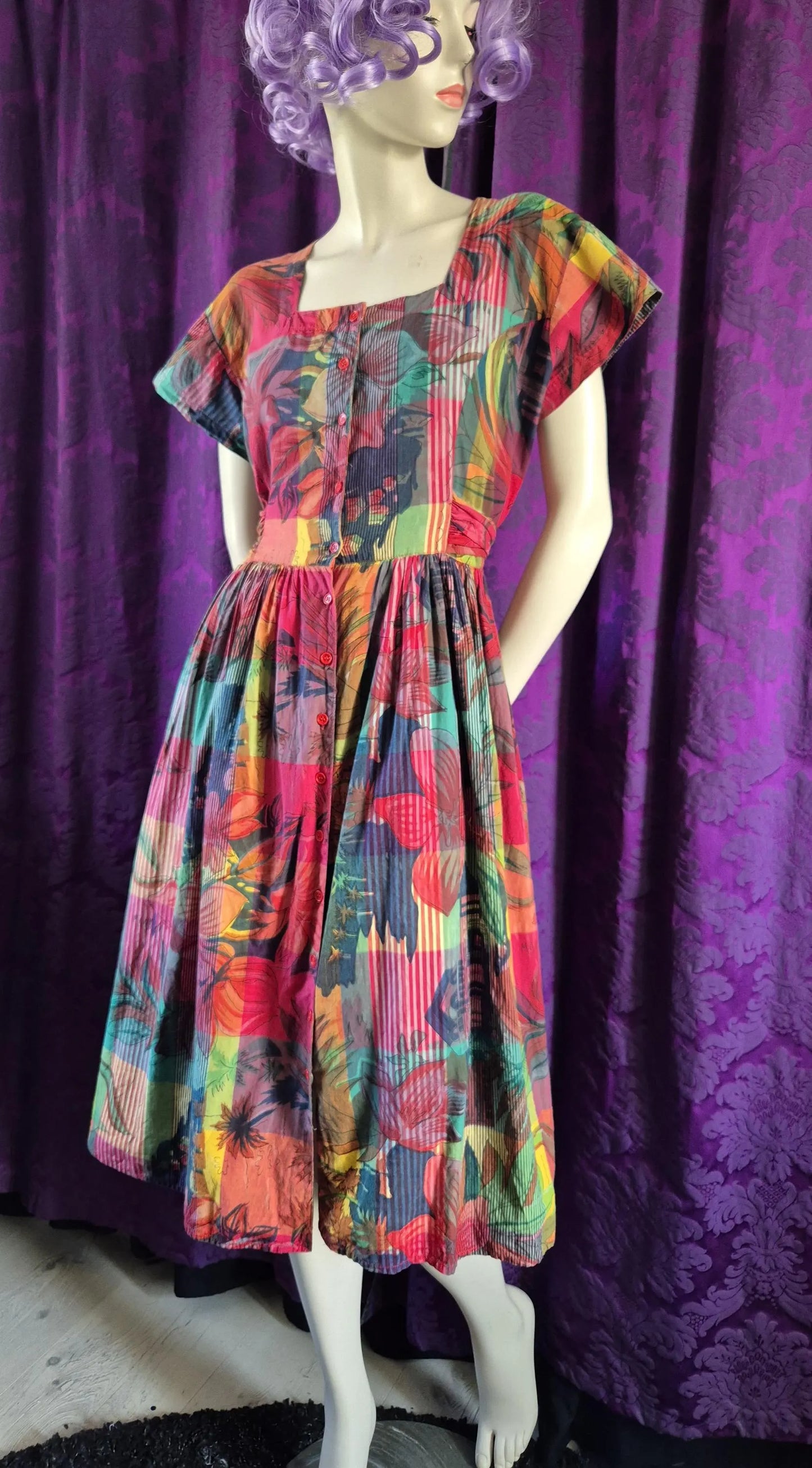 Rainbow Madras Floral Vintage Fit & Flare Dress