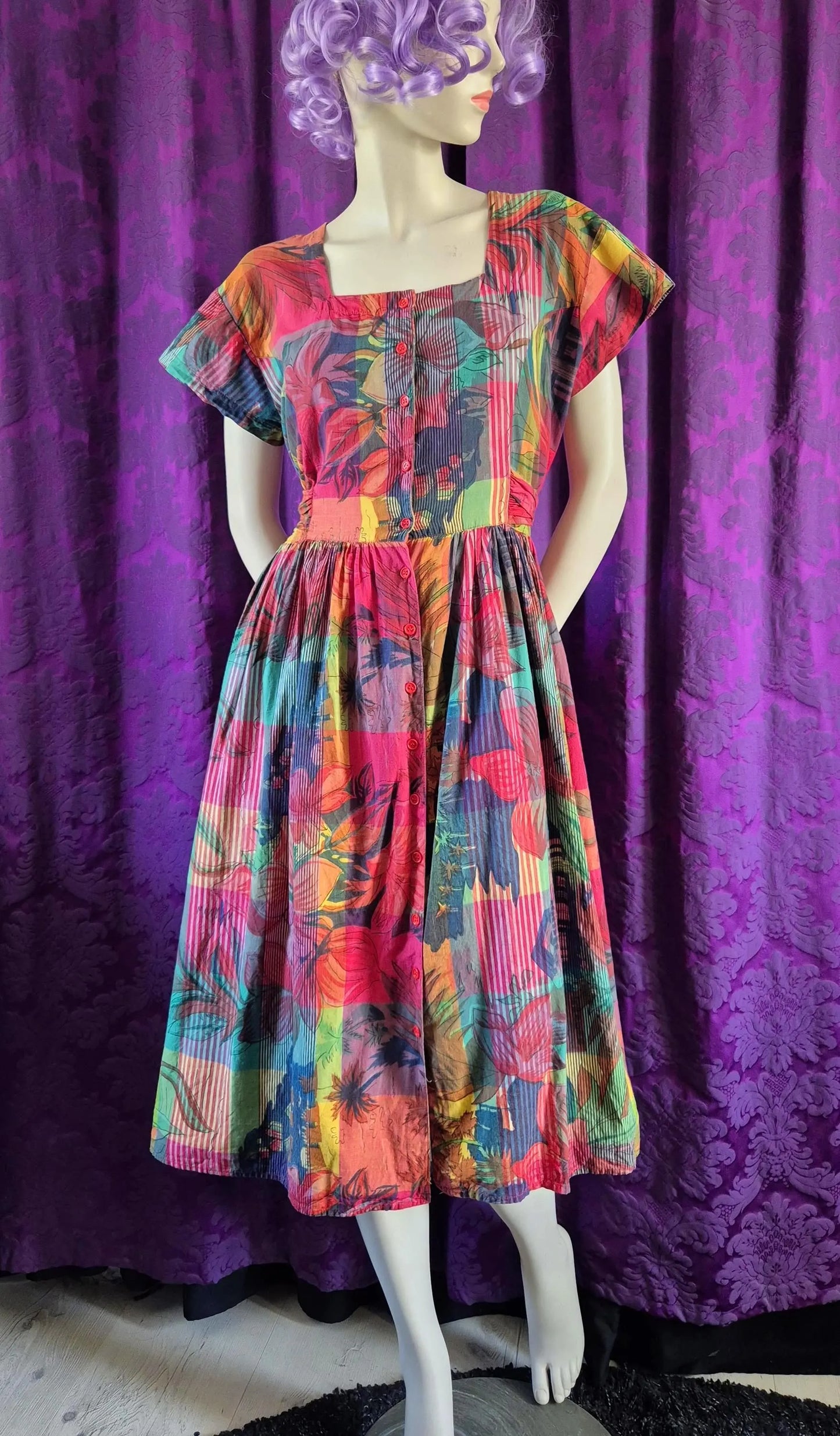 Rainbow Madras Floral Vintage Fit & Flare Dress