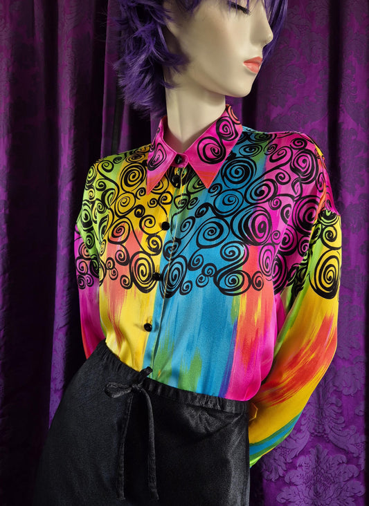 ESCADA Rainbow Stripe & Scrollwork Silk Blouse