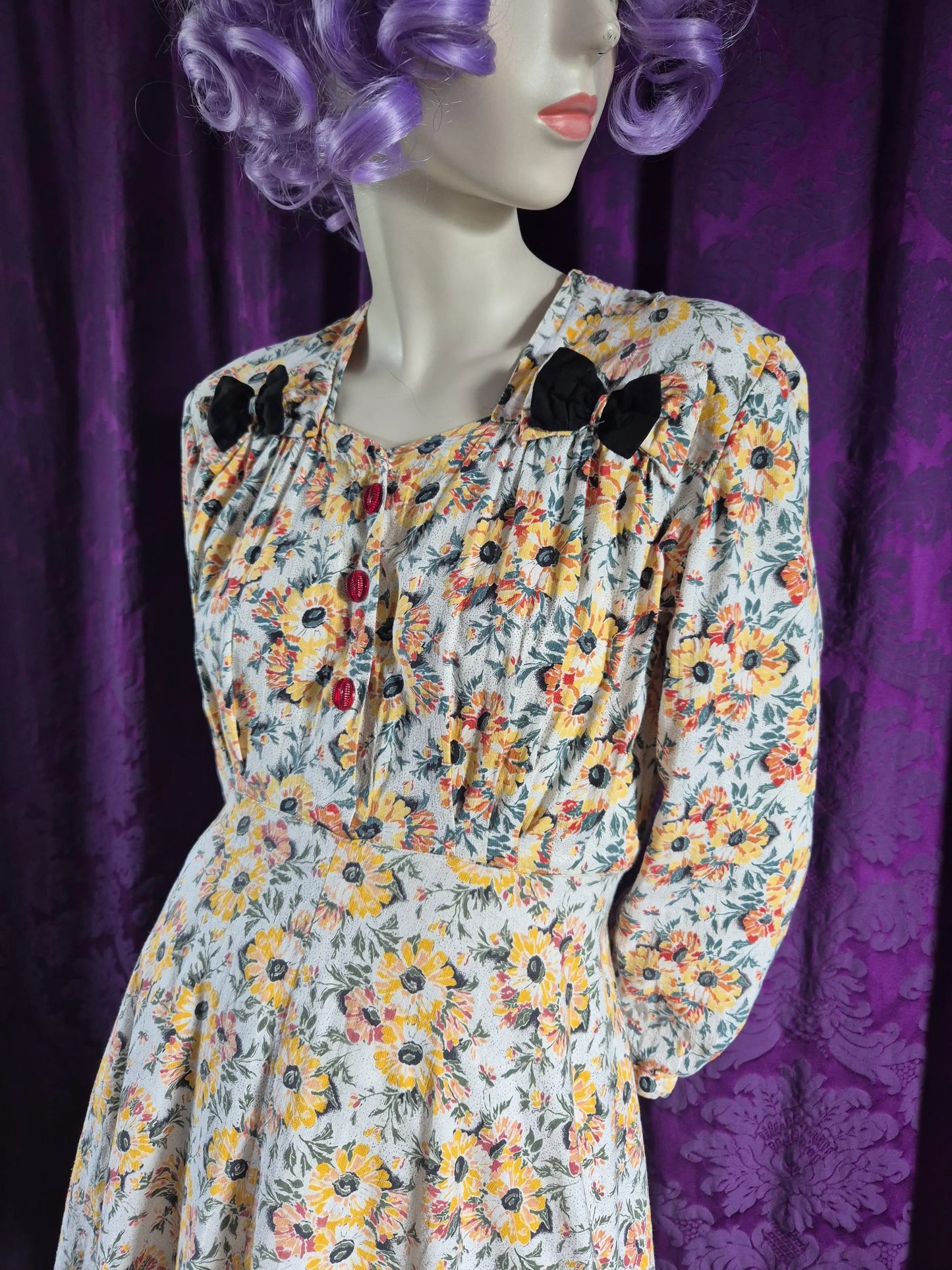 Vintage 1940s Yellow Floral Cotton Day Dress