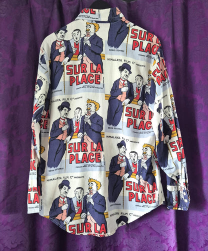 Vintage 1970s Charlie Chaplin On the Beach French Poster Shirt by Secondhand Rose